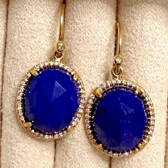 Designer IRENE NEUWIRTH 18K Yellow Gold Oval Lapis Lazuli Diamond Drop Earrings - Picture 1 of 15
